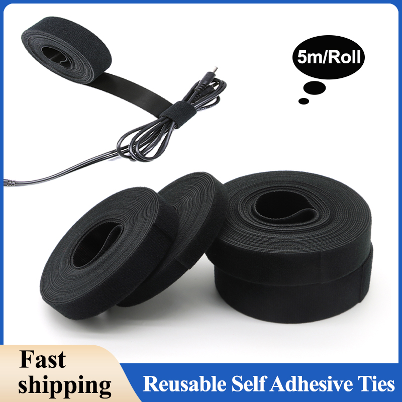 Gear Tie Reusable - 5 m/rouleau noir réutilisable auto-adhésif attaches